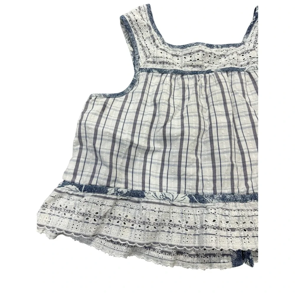 American Eagle Blue White Plaid Eyelet Lace Babydoll Sleeveless Top Kids Medium